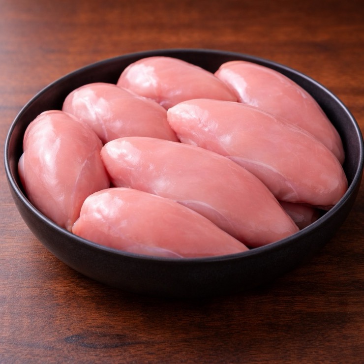 Boneless chicken breast pieces in a bowl